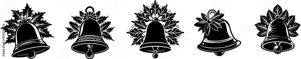 Set de campanas de Navidad en color negro. Pack de campanas decorativas navideñas. Ilustración moderna de una campana navideña.