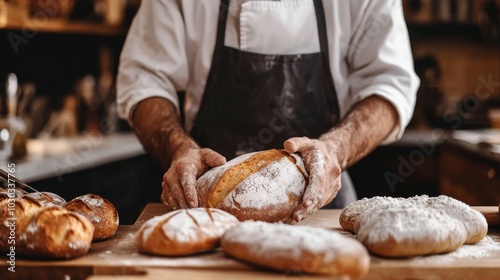 Artisan baker crafts freshly baked bread with traditional techniques and quality ingredients