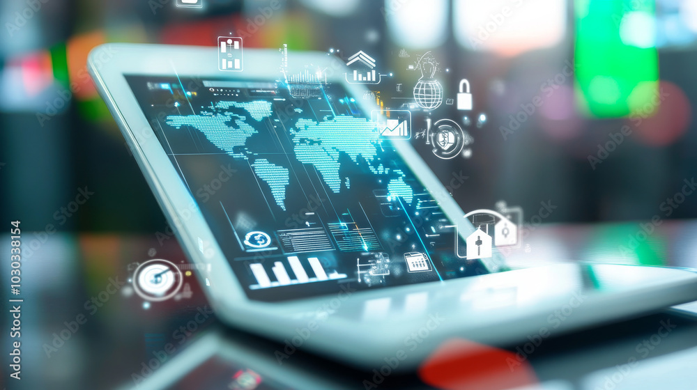 The concept of online trading is illustrated with a realistic device displaying various business finance icons, showcasing features like stock charts, market analysis, and trading options for an engag The concept of online trading is illustrated with a realistic device displaying various business finance icons, showcasing features like stock charts, market analysis, and trading options for an engag
