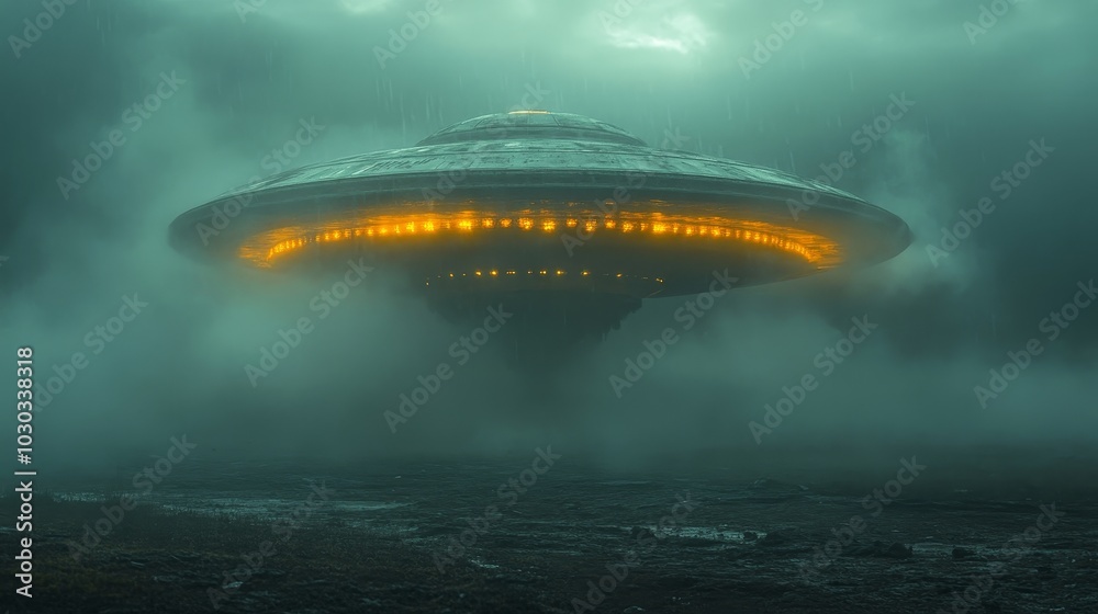 A large, yellow UFO is flying through a foggy sky A large, yellow UFO is flying through a foggy sky