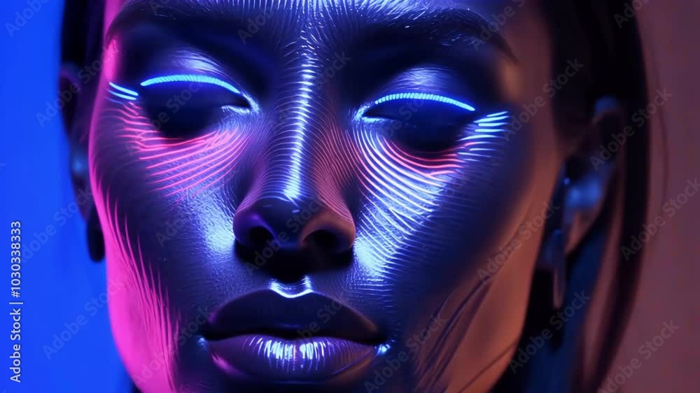 Close-up of a woman's face, with stylized, metallic skin and vibrant blue and pink lighting. Eyes are closed. Close-up of a woman's face, with stylized, metallic skin and vibrant blue and pink lighting. Eyes are closed.
