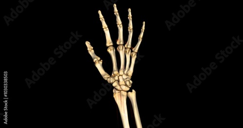 CT scan footage showing a detailed 3D rendering of a normal human hand. The scan highlights clear bone structures, joints, and soft tissues.