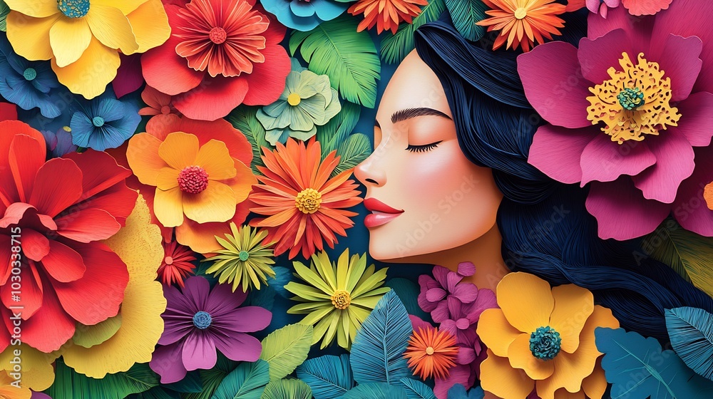 Artful paper cut design featuring joyful woman surrounded by flowers in vibrant colors The scene emphasizes a festive mood for Women's Day with a focus on elegance Artful paper cut design featuring joyful woman surrounded by flowers in vibrant colors The scene emphasizes a festive mood for Women's Day with a focus on elegance