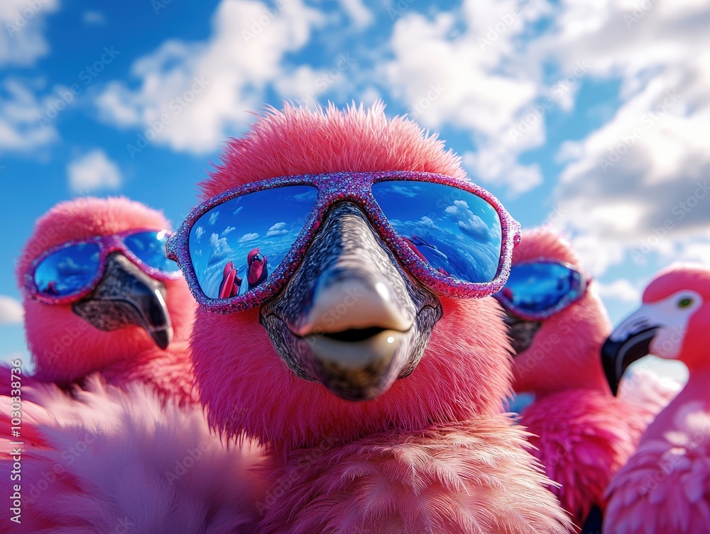 A group of vibrant pink flamingos sporting sunglasses, posing cheerfully beneath a sky filled with fluffy clouds, showcasing a fun and lively atmosphere. A group of vibrant pink flamingos sporting sunglasses, posing cheerfully beneath a sky filled with fluffy clouds, showcasing a fun and lively atmosphere.