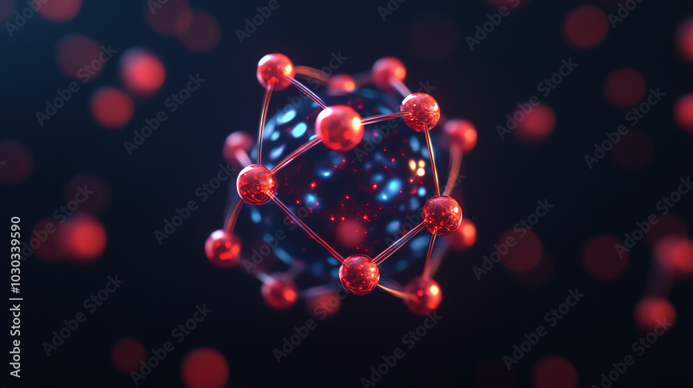 A close-up view of a molecular structure with vibrant red and blue spheres, symbolizing atomic interactions against a dark background.
