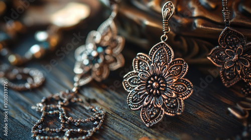 A close-up of intricate handcrafted metal earrings, with delicate details and textured surfaces, laid on a wooden table with scattered accessories in the background.