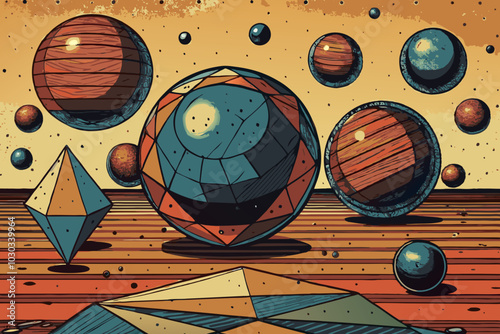 Retro-Futuristic Planets and Geometric Shapes in Space