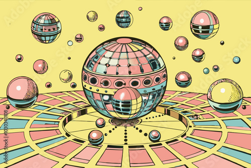 Vibrant Retro Futuristic Disco Balls Floating on Geometric Pattern