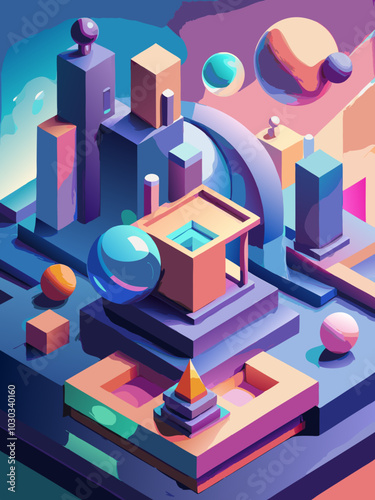 Colorful Abstract Digital Landscape with Geometric and Spherical Elements