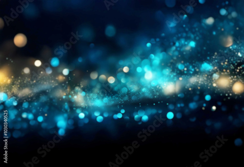 Abstract dark background with blue and yellow bokeh.