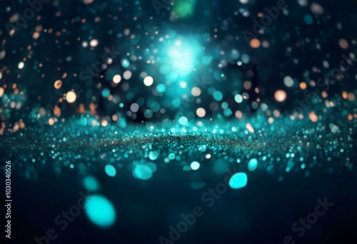 Abstract background with out-of-focus teal and white bokeh lights against a dark backdrop.