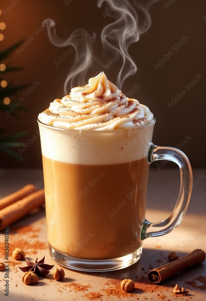 Warm Spiced Latte with Whipped Cream and Cinnamon Sticks Warm Spiced Latte with Whipped Cream and Cinnamon Sticks