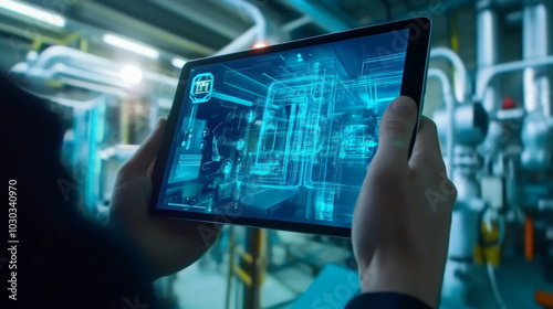 Industry 4.0 concept featuring a man's hand holding a tablet or smartphone with an augmented reality screen, showcasing software and automated wireless pipelines in blue tones.