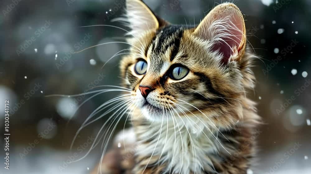 A tabby cat with blue eyes stares intently into the distance while snowflakes fall around it A tabby cat with blue eyes stares intently into the distance while snowflakes fall around it