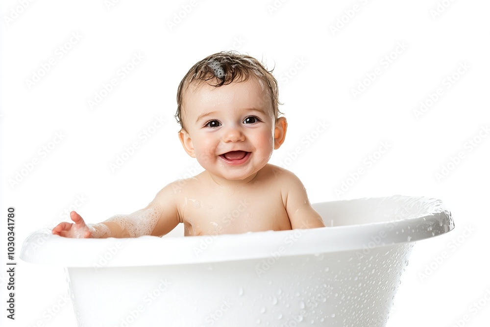 Closeup of happy baby taking his contented bath full of foam. Closeup of happy baby taking his contented bath full of foam.