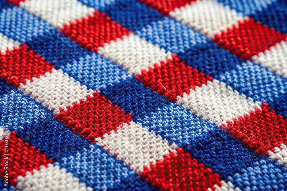 Knitted fabric with checkered print in blue, white, and red colors in focus with blurred background Knitted fabric with checkered print in blue, white, and red colors in focus with blurred background
