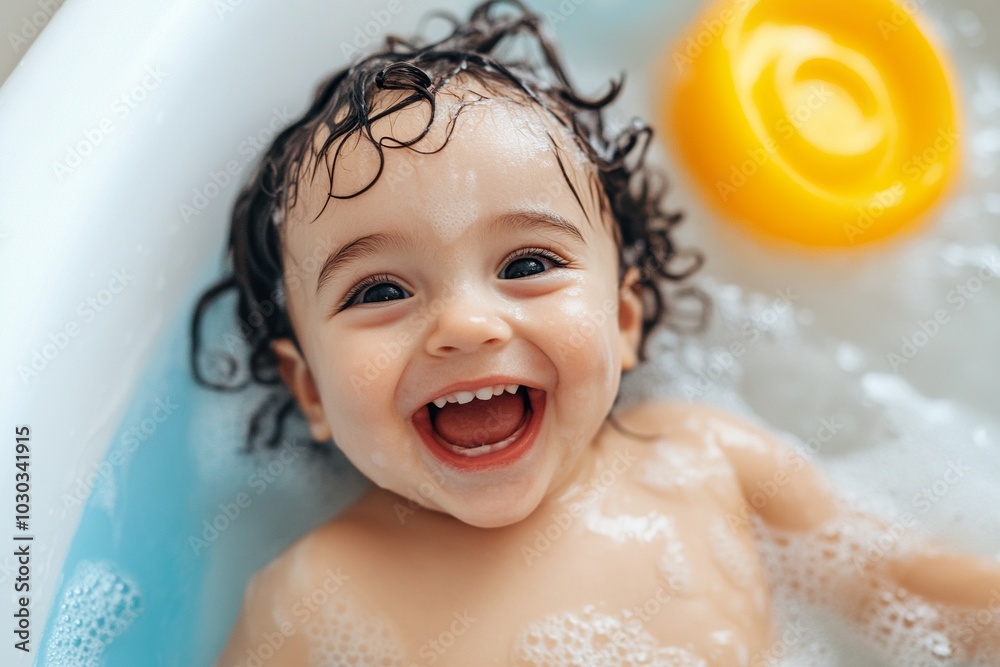Beautiful happy little boy taking a bath in his bathtub full of foam and toys. Beautiful happy little boy taking a bath in his bathtub full of foam and toys.