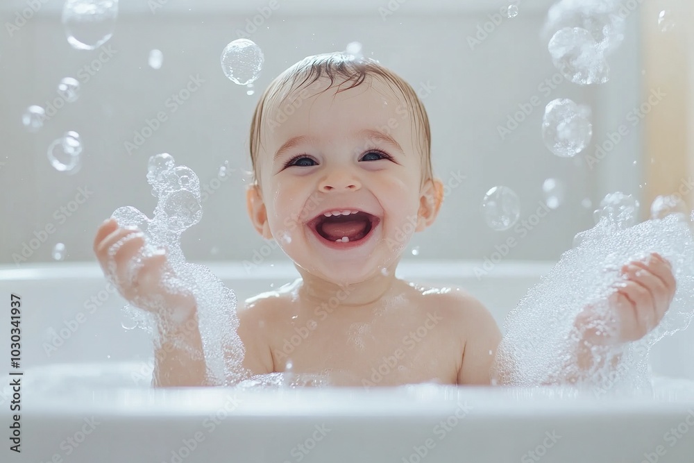 Precious little boy taking a bubble bath and bathroom full of soap bubbles. Precious little boy taking a bubble bath and bathroom full of soap bubbles.