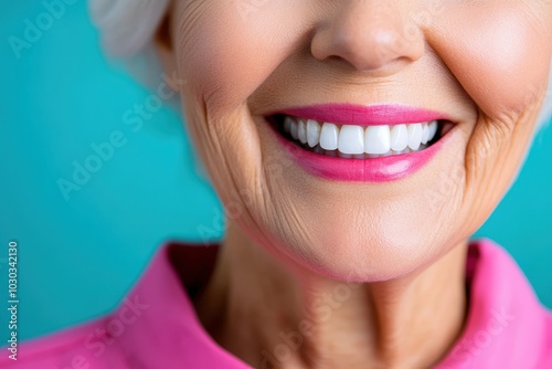 An elderly woman displays a vibrant smile with bright lipstick against a turquoise background, highlighting her joyful expression and immaculate white teeth.