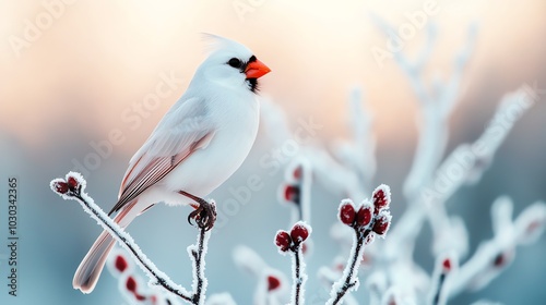 A white cardinal perched on a frosty branch, softly glowing in morning light, closeup, high detail