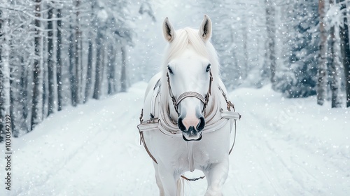 A white horsedrawn sleigh gliding through a snowy forest, softly falling snow, wideangle shot