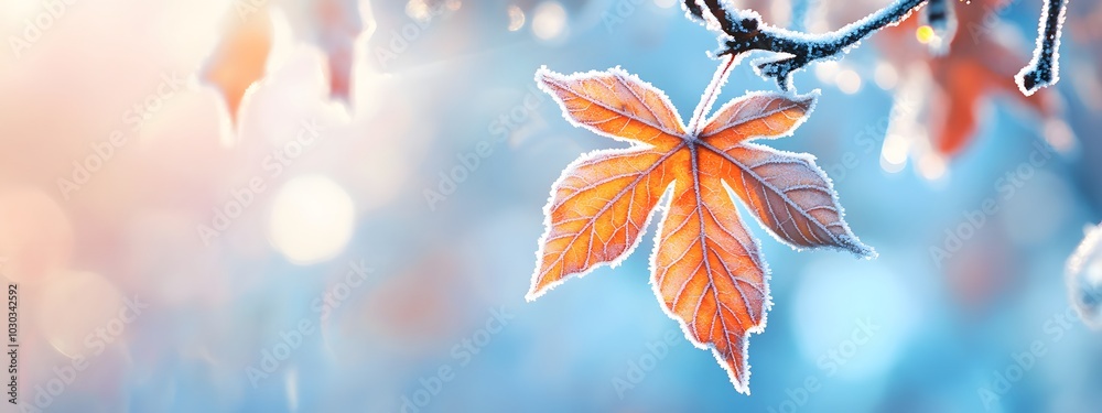 A delicate, frost-covered maple leaf hangs delicately from a branch, captured in close-up against a soft blue background A delicate, frost-covered maple leaf hangs delicately from a branch, captured in close-up against a soft blue background