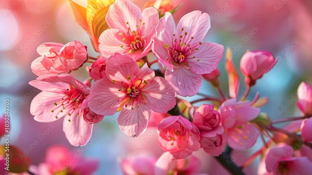 Delicate pink cherry blossoms bloom in the sunlight on a spring day Delicate pink cherry blossoms bloom in the sunlight on a spring day