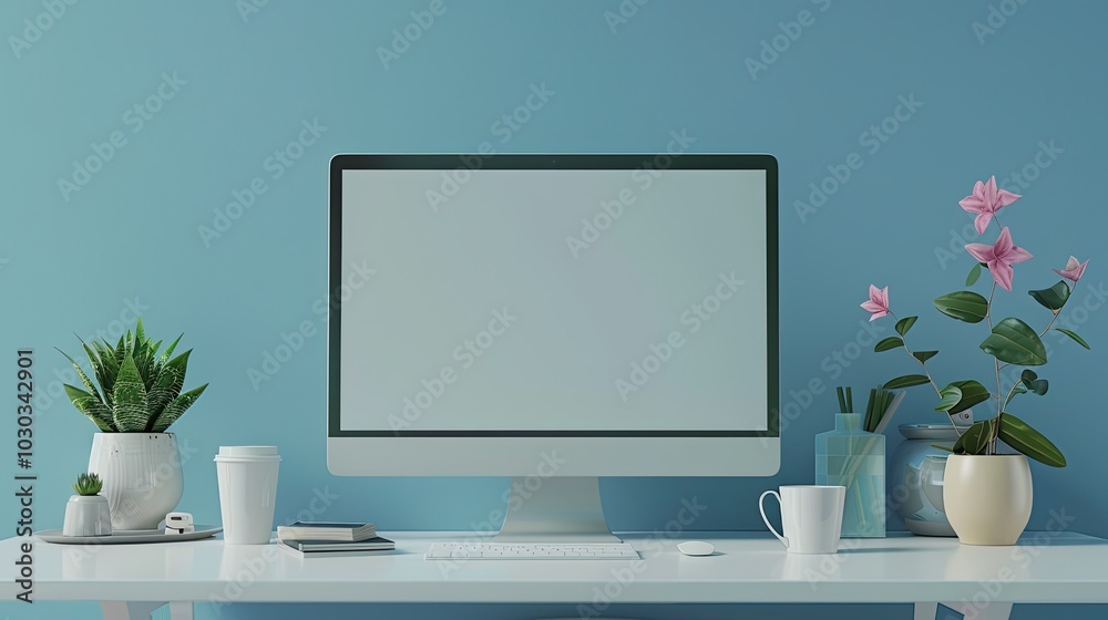 3D render of a blank computer display mockup on a blue wall background, working space with office accessories and a coffee cup in a minimal style.