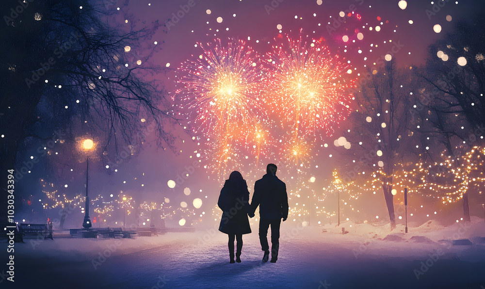 Fototapeta premium New Year's Eve Moments: Families, Couples, Teenagers, and Business Professionals Celebrating Together with Fireworks, Festive Dinners, Gift Exchanges, and Winter Scenes