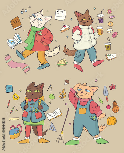 color vector autumn set of drawn cats in different clothes and with objects around