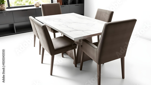 A white and brown dining table with four chairs around it