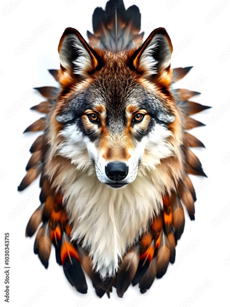 Naklejka premium A wolf with brown and orange fur and feathers on its head
