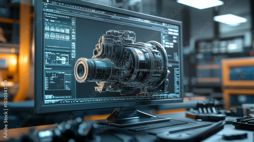 An engineering designer utilizes 3D CAD software to create a digital model of an industrial engine, displayed on a computer screen in a manufacturing factory setting, showcasing advanced mechanical de An engineering designer utilizes 3D CAD software to create a digital model of an industrial engine, displayed on a computer screen in a manufacturing factory setting, showcasing advanced mechanical de