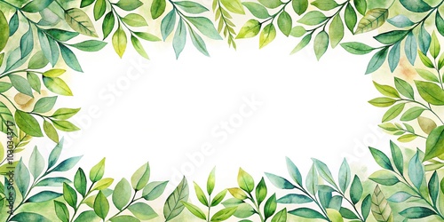 Watercolor leafy frame border on empty page with white background from low angle view