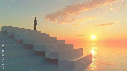 3d render of man standing on top step stairs with sky blue backround