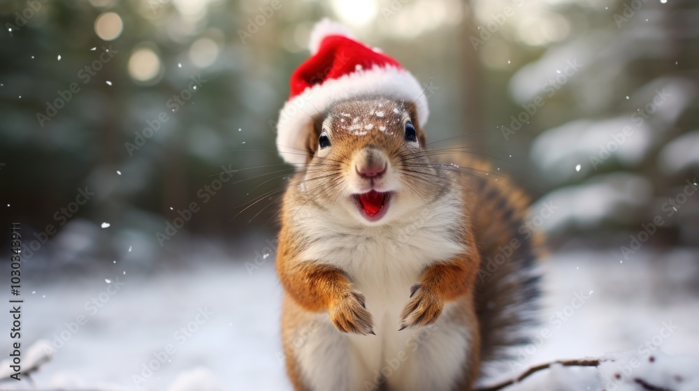 Portrait of a squirrel in Santa hat. Christmas background. Portrait of a squirrel in Santa hat. Christmas background.