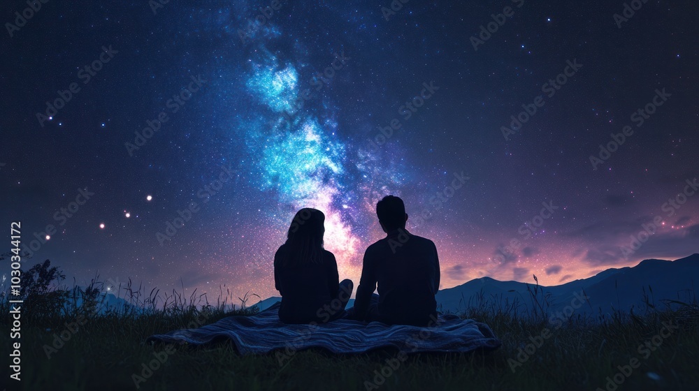 Stargazing couple on a blanket, silhouettes against a vibrant Milky Way, high detail stars and celestial bodies Stargazing couple on a blanket, silhouettes against a vibrant Milky Way, high detail stars and celestial bodies