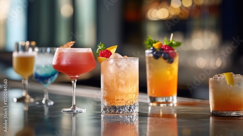 Stylish cocktails on a sleek bar counter, featuring a variety of colorful drinks with unique garnishes and elegant glassware