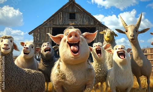 A group of happy farm animals, including a pig, sheep, and goat, are gathered together in front of a barn.