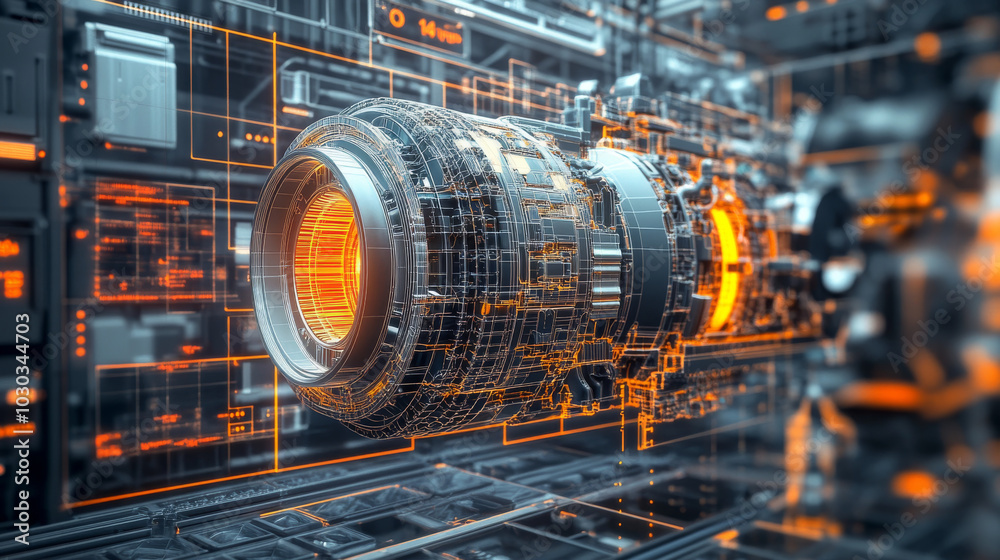 An engineering designer utilizes 3D CAD software to create a digital model of an industrial engine, displayed on a computer screen in a manufacturing factory setting, showcasing advanced mechanical de An engineering designer utilizes 3D CAD software to create a digital model of an industrial engine, displayed on a computer screen in a manufacturing factory setting, showcasing advanced mechanical de