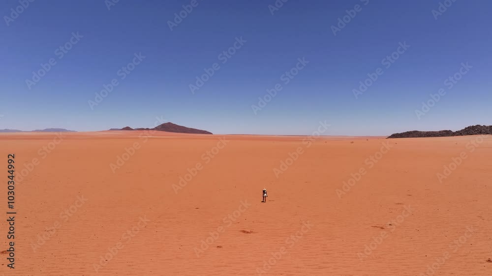 Aerial view of a girl walking through the Namib desert alone on vacation on a beautiful sunny day, Namibia, Africa Aerial view of a girl walking through the Namib desert alone on vacation on a beautiful sunny day, Namibia, Africa