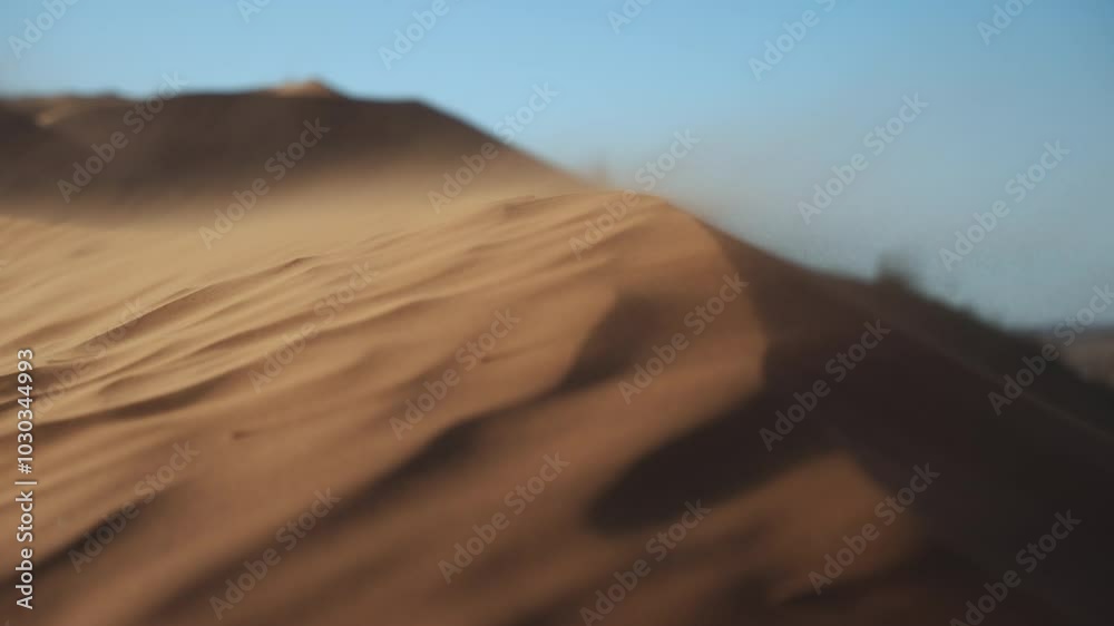 Very close up super slow motion shot of a dune edge with the wind carrying the sand on a sunset in the dunes of Namibia, Africa