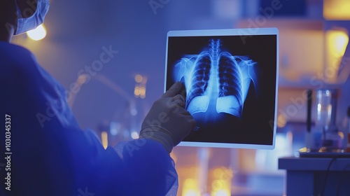 Doctor carefully examines X-ray film of patient's lungs, identifying COVID-19 complications, with medical instruments and charts in the background.