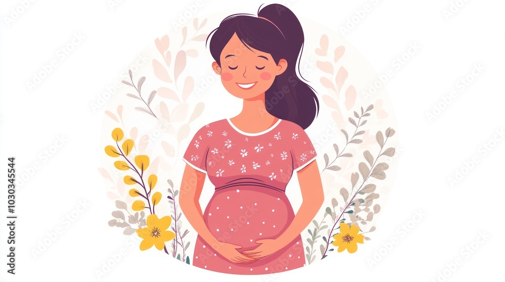 Pregnant woman smiling happily feeling her baby about to be born, touching her belly warm color minimalist abstract art Pregnant woman smiling happily feeling her baby about to be born, touching her belly warm color minimalist abstract art