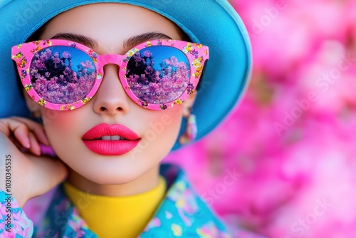 A fashionable woman poses against a background of blooming pink flowers, wearing floral-patterned attire and vibrant pink sunglasses, embodying spring's essence.