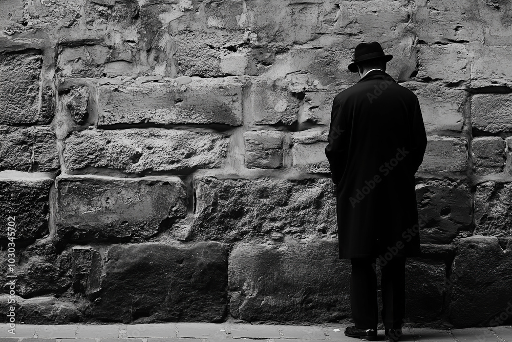 people of ai // black and white photograph of a lonely jewish man in black coat stands against stone wall in jerusalem, praying, photorealistic people of ai // black and white photograph of a lonely jewish man in black coat stands against stone wall in jerusalem, praying, photorealistic