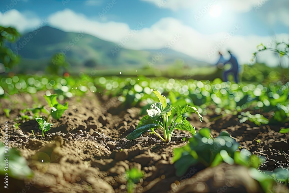 A blurred background of an eco-friendly farm with two farmers planting green plants in the ground, with a mountain range in the distance and sunlight.