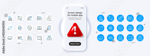 Fingerprint, Seo and Phone chat line icons. Phone mockup with 3d danger icon. Pack of Notification, Charging time, Bid offer icon. Card, Money transfer, Electricity factory pictogram. Vector