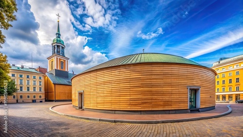 Wide angle view inside the Chapel of Silence Kampin kappeli in Helsinki photo