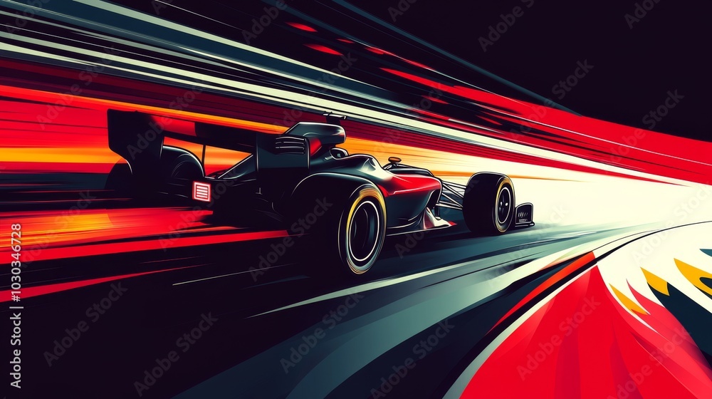 A sleek vector design of a racing car speeding around a track under bright lights. A sleek vector design of a racing car speeding around a track under bright lights.